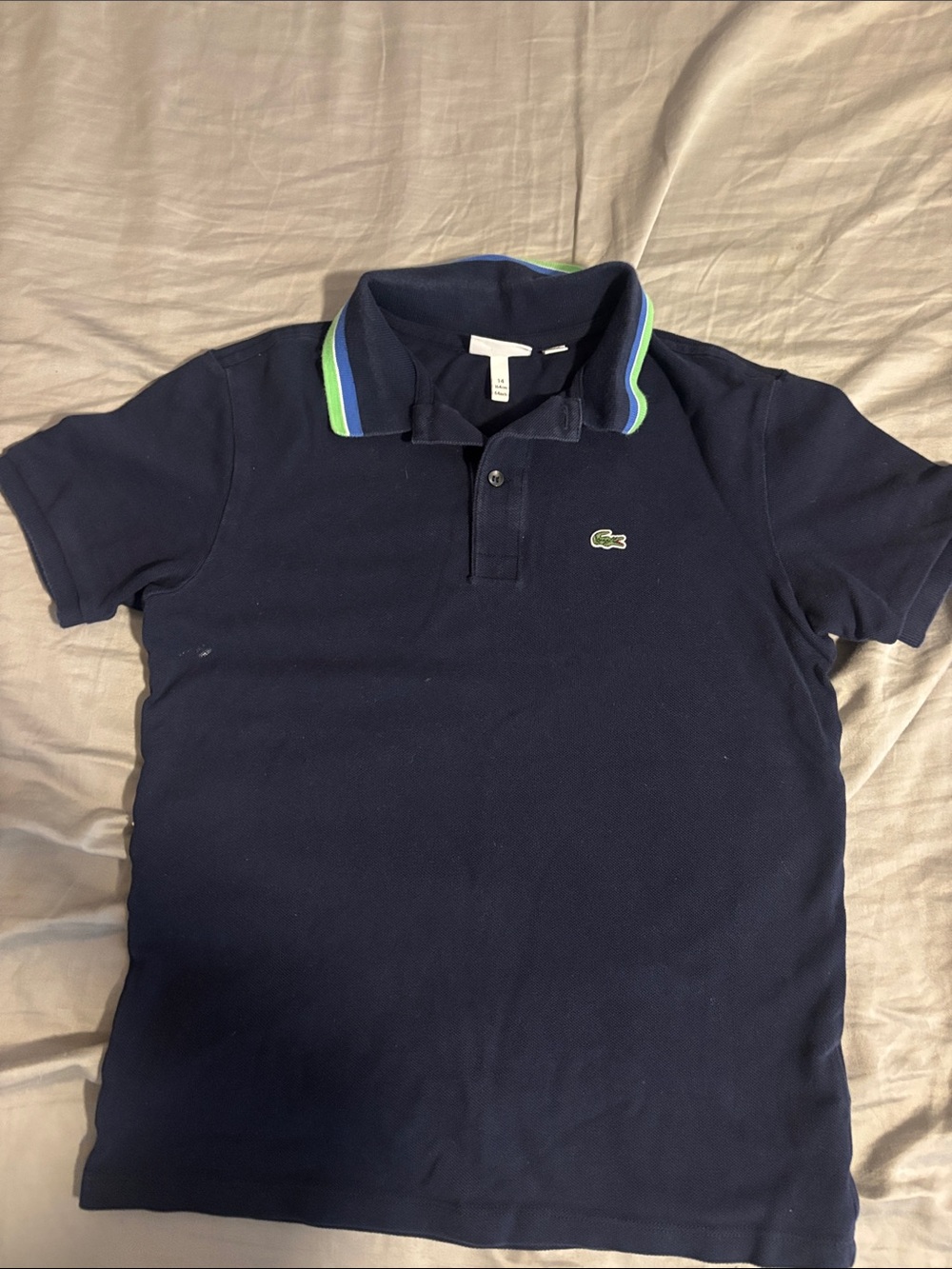 Lacoste Navy Polo with Green & Blue Collar Stripes